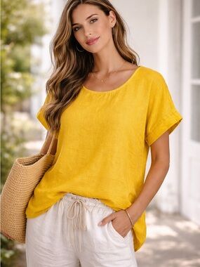 Terzo Millennio Yellow Linen Top Made in Italy Short Sleeve Blouse Size L
